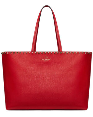 Valentino Large Calfskin Leather Rockstud Shopping Bag Red