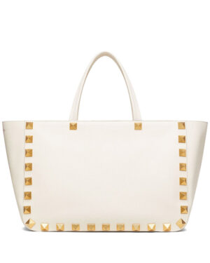 Valentino Roman Stud Grainy Calfskin Tote Bag White