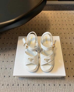 Prada Raffia Metal Triangle Logo Crochet Monolith Sandals 8.5cm