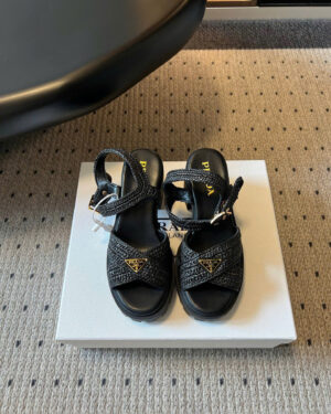 Prada Raffia Metal Triangle Logo Crochet Monolith Sandals 8.5cm