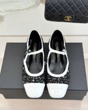 Chanel Tweed Sequin Mary Jane Flat Shoes