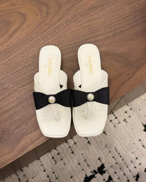 Chanel Lambskin Grosgrain Bow Pearl Thong Sandals