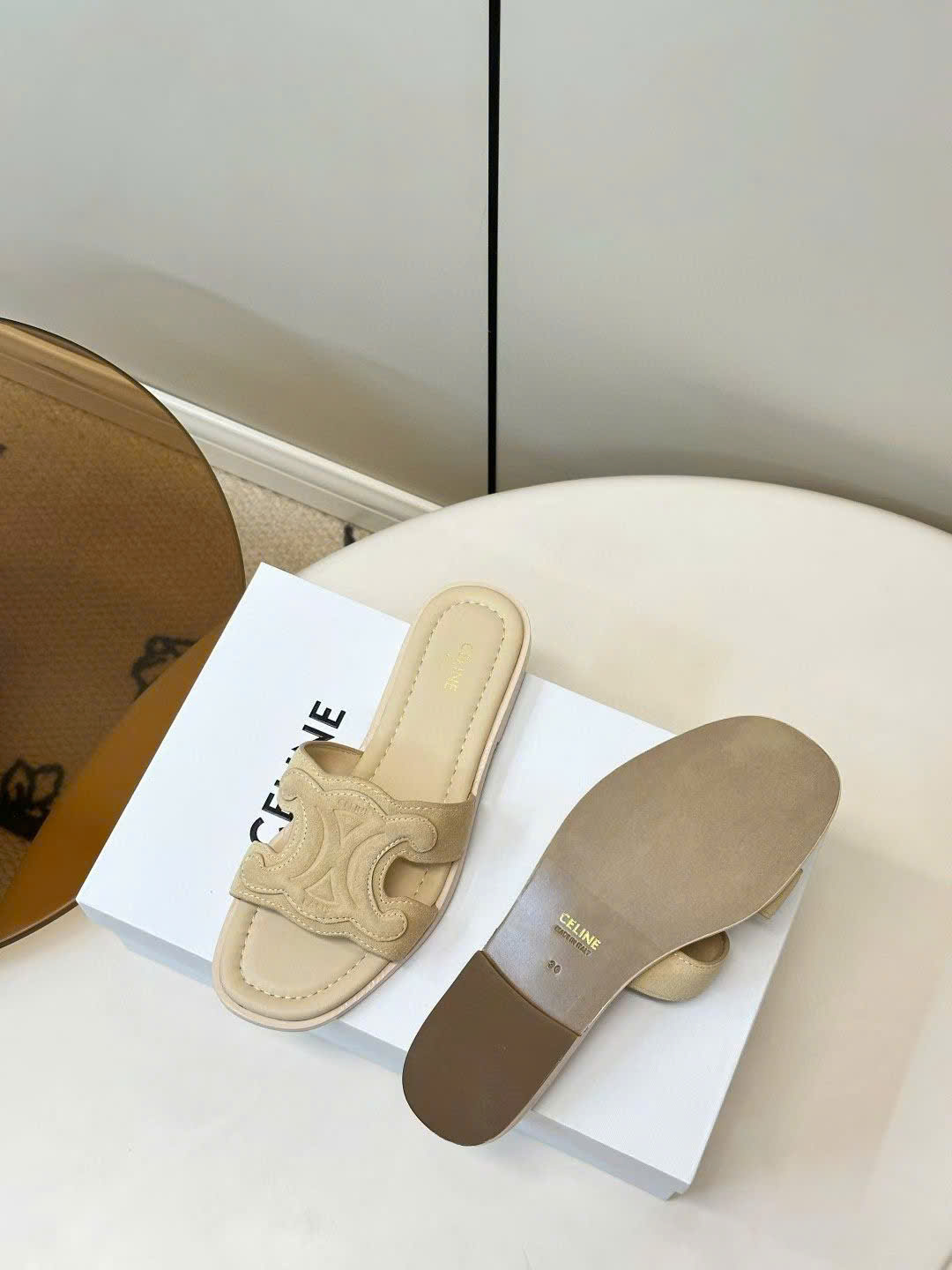 Celine Marina Triomphe Mule in Suede Calfskin - Image 2