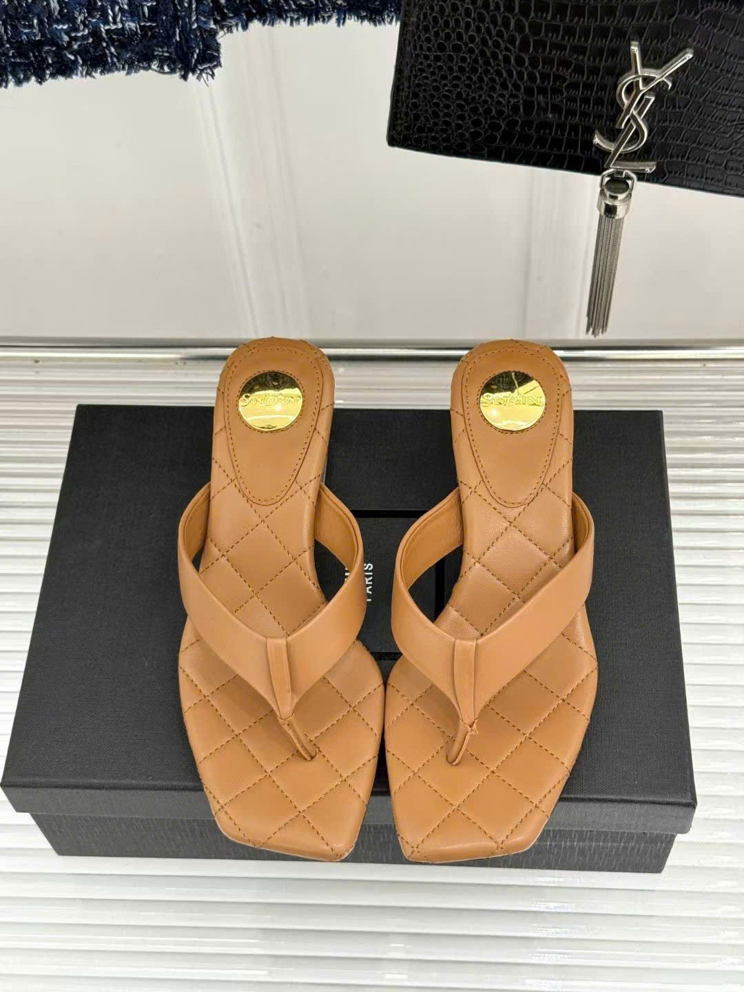 Saint Laurent Sip 45 Thong Sandals in Quilted Leather